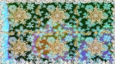 Raster altın çiçek süsü brokar kumaş ve cam desenli. Tarafsız renkler ve altın elementler. Kusursuz altın desen. Çiçek desenli altın metal..