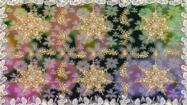 Hassas altın deseni açın. Raster. Kusursuz altın desenli bukleler. Parlak dantel, stilize çiçekler, şal desenli. Gri renklerde, altın elementlerle kusursuz desen. Doğu tarzı arabesk.