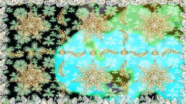 Kusursuz kraliyet lüksü, altın barok kumaş rengi. Altın antika ortaçağ dekoratifi, yapraklar ve tarafsız renklerde altın desenli süslemeleri olan pürüzsüz bir desen..