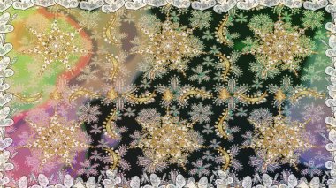 Altın çiçekli, pürüzsüz desen. Damask arkaplanı. Gri renklerdeki altın element. Barok tarzında altın çiçekli süs..