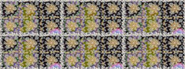 Altın antika ortaçağ dekoratifi, yapraklar ve gri renkli altın desenli süslemeleri olan pürüzsüz bir şablon. Kusursuz kraliyet lüksü, altın barok kumaş rengi..