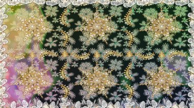 Raster altın tekstil baskısı. Çiçek kiremitleri. İslam tasarımı. Gri renkli ve altın elementli altın desenli. Kusursuz desenli oryantal süs.