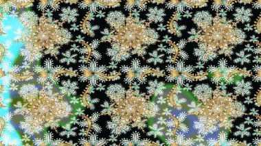 Damask altın soyut çiçek siyah renklerde pürüzsüz desen. Süslü dekorasyon. Raster illüstrasyonu.