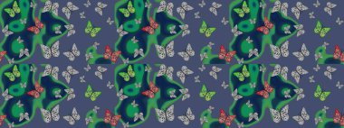 Elle çizilmiş illüstrasyon. Raster renkli sonsuz doku. Kelebekli çizim şekli. Bahar ve yaz tasarımı için renkli arkaplan.