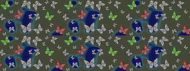 Raster illüstrasyonu. Elle çizilmiş sevimli kız çizimi. Çizim, karalama, karalama. Tekrarlanan kelebekler. Sonsuz.