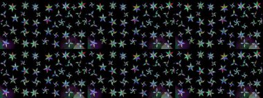 Siyah arka planda. Tekstil, kumaş, ambalaj, hatıra defteri için hoş bir çiçek arkaplanı. Elle çizilmiş çiçek desenli Raster çizimi. Çocuksu tasarım.