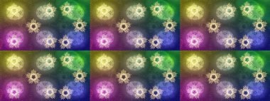 Kar tanelerinin soyut arkaplanlı Noel şablonu. Yeşil, nötr ve mor kar taneleri. Raster illüstrasyonu. Noel ve Yeni Yıl moda baskıları için tatil tasarımı.