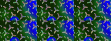 Raster illüstrasyonu. Bokeh yeşili, mavi, gri ve kar taneleriyle dekoratif Noel arkaplanı.