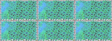 Kusursuz renksiz desen. Tekrarlanan karalamalar. Yeşil ve mavi arka planda el çizimi. Mistik, semboller..