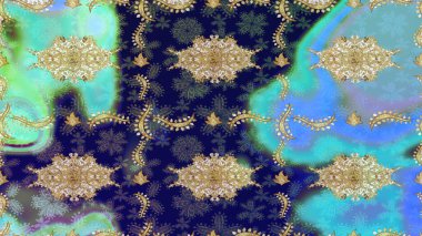 Mavi renklerdeki altın element. Doku arka planında altın duvar kâğıdı. Barok tarzında altın çiçekli süs. Damask çizimi yinelenen arkaplan.