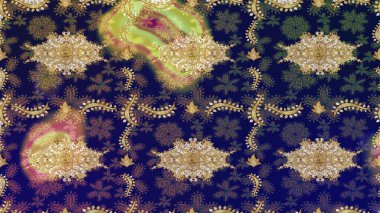 Raster eskiz deseni, altın antika ortaçağ dekoratifi, yapraklar ve mavi renklerde altın desenli süslemeler. Kraliyet lüksü, altın barok kumaş rengi..