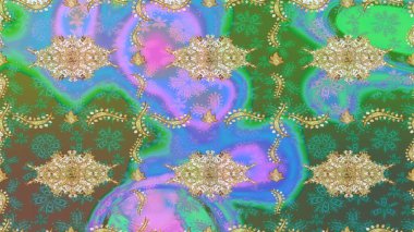 Damask çizim kalıbı arka planı tekrarlıyor. Antika altın tekrarlanabilir duvar kağıdı. Barok tarzında altın çiçek süsü. Yeşil renkte altın element.