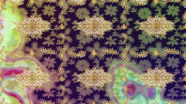 Tarafsız renklerde altın element. Damask arkaplanı. Barok tarzında altın çiçekli süs. Altın çiçekli çizim şekli.