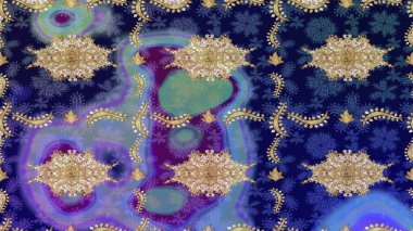 Altın elementlerle mavi renklerde altın desen. Raster altın tekstil baskısı. Çiçek kiremitleri. İslam tasarımı. Çizim desenli oryantal süs.