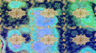 Mavi renkli ve altın elementli klasik eskiz deseni. Raster illüstrasyonu.