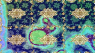 Raster illüstrasyonu. Dekoratif simetri arabesk. Mavi renkte altın. Ortaçağ çiçek desenini çiz. Doğum günü, davetiye ya da afiş için tebrik kartı.