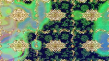 Klasik Raster altın desenini çiz. Geleneksel oryantasyon süsü. Klasik klasik klasik arka plan. Altın elementlerle yeşil renklerde altın desen.