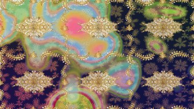 Raster oryantal süs. Gri renkli ve altın elementli altın desenli. Barok tarzında eskiz oryantal süsü. Geleneksel klasik altın desen.