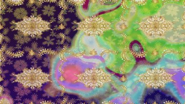 Altın şablonu çiz. Raster oryantal süs. Altın elementlerle nötr renklerde altın desen.