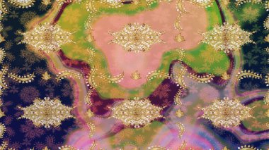 Kraliyet lüksü, altın barok kumaş rengi eskiz. Raster eskiz deseni altın antika ortaçağ dekoratifi, yapraklar ve bej renkli altın desenli süslemeler..