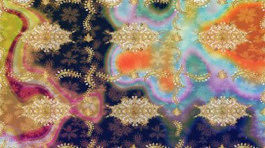 Doğu tarzı arabesk. Raster. Hassas altın deseni açın. Parlak dantel, stilize çiçekler, şal desenli. Altın desenli bukleler çiz. Tarafsız renklerde altın elementlerle çizim deseni.