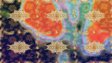 Geleneksel raster ve altın desen. Klasik oryantal desen turuncu renklerden üstündür. Damask taslak süsü.