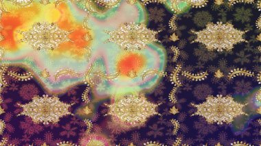 Doğum günü kartı, davetiye ya da afiş için iyidir. Dekoratif simetri arabesk. Gri renklerde altın. Raster illüstrasyonu. Ortaçağ çiçek desenini çiz..