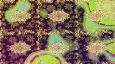 Kahverengi renkli ve altın elementli eskiz deseni. Altın şablonu çiz. Raster doğulu süsü.