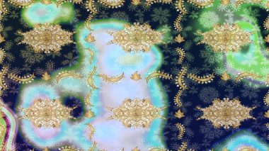 Damask çizimi tekrarlanıyor. Barok tarzında altın çiçekli süs. Antika altın tekrarlanabilir duvar kağıdı. Mavi renklerdeki altın element.