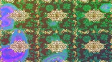 Raster altın desen. Raster illüstrasyonu. Doğu tarzı arabesk. Altın elementli yeşil renkler. Altın desenli bukleler çiz.