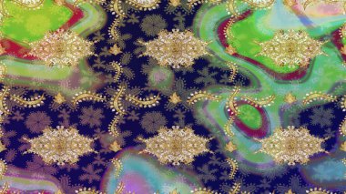 Arkaplan, kumaş, altın duvar kağıdı. Raster Golden eskiz kalıbı. Düz elle çizilmiş klasik koleksiyon. Altın elementlerle mavi renklerde altın desen.