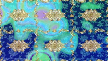 Altın şablonu çiz. Raster oryantal süs. Mavi renkler ve altın elementlerle çizim deseni.