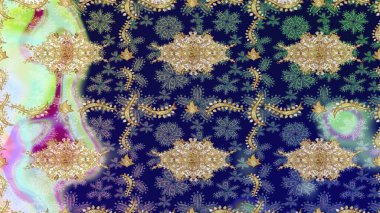 Barok tarzında duvar kâğıdı tasarımı için eskiz şablonu arka planı. Süslü raster dekorasyonu. Altın elementlerle mavi renklerde altın desen.