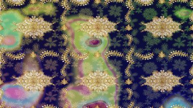 Altın karalama fantezi yapraklarından ve gri renkli çiçeklerden Raster soyut çiçek çelengi. El yapımı dekoratif çerçeve, albüm kapağı, tebrik kartı, klasik Art deco tarzı.