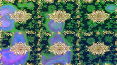 Raster illüstrasyonu. Tekrarlayan elementlerle soyut arkaplan oluşturun. Klasik altın desenli eskiz. Mavi renklerle altın elementler üzerine altın çizim deseni.