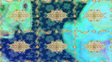 Geleneksel klasik altın desen. Altın elementlerle mavi renklerde altın desen. Barok tarzında eskiz oryantal süsü. Raster doğulu süsü.