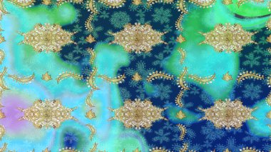 Süslü dekorasyon. Damask altın soyut çiçek deseni mavi renkte. Raster illüstrasyonu.