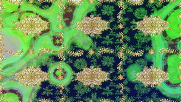 Sketch classic raster golden pattern. Sketch pattern on green colors with golden elements. Traditional orient ornament. Raster illustration. Classic vintage background.