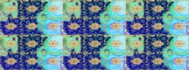 Tekrarlayan ögelerle soyut arkaplan çiz. Klasik raster şablonu. Mavi ve altın desenli.
