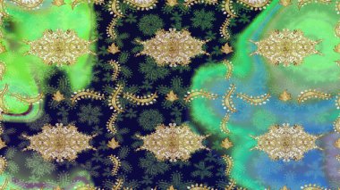 Geleneksel Arap dekoru yeşil renklerde. Duvar kâğıdı için altın süslü bir illüstrasyon. Süslü dantel iz sürücü. Çiçek süslemeli Raster eskiz deseni. Doğu tarzında vintage tasarım ögesi.