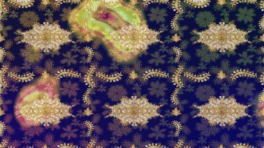 Raster eskiz deseni, altın antika ortaçağ dekoratifi, yapraklar ve mavi renklerde altın desenli süslemeler. Kraliyet lüksü, altın barok kumaş rengi..