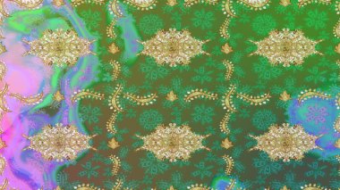 Raster illüstrasyonu. Altın elementli yeşil renkte klasik eskiz deseni.