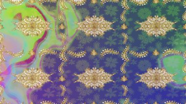 Altın şablon. Klasik çiçek dokusu. Kart, duvar kağıdı, ambalaj ve tekstil için klasik tasarım. Tarafsız renklerde Royal retro. Raster illüstrasyonu. Çizim kalıbı altın elementler.