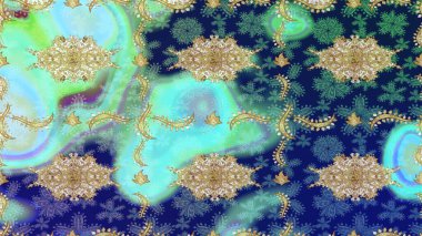 Çiçek süslemeli Raster eskiz deseni. Geleneksel Arap dekoru mavi renklerde. Doğu tarzında klasik tasarım öğesi. Süslü dantel iz sürücü. Duvar kağıdı için altın süslü illüstrasyon.