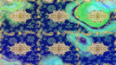 Mavi renklerdeki altın element. Damask çizim kalıbı arka planı tekrarlıyor. Barok tarzında altın çiçek süsü. Antika altın tekrarlanabilir duvar kağıdı.