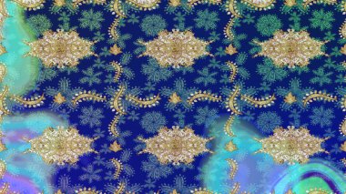 Antika altın tekrarlanabilir duvar kağıdı. Barok tarzında altın çiçekli süs. Damask çizimi tekrarlanıyor. Mavi renklerdeki altın element.