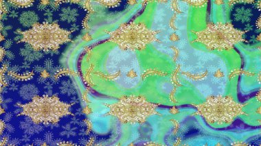 İslam tasarımı. Eskiz desenli oryantal süs. Raster altın tekstil baskısı. Altın elementlerle mavi renklerde altın desen. Çiçek karoları.