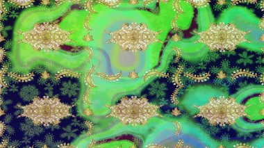 Barok tarzında eskiz oryantal süsü. Geleneksel altın sarısı desenli yeşil renkli ve altın elementli.