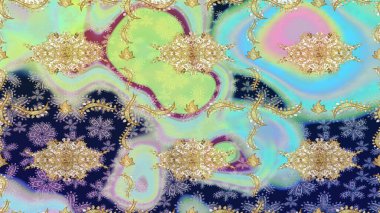 Altın elementlerle nötr renklerde altın desen. Barok tarzında duvar kâğıdı tasarımı için eskiz şablonu arka planı. Süslü raster dekorasyonu.