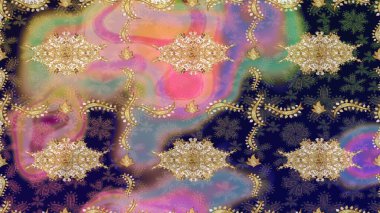 Raster illüstrasyonu. Tarafsız renkler ve altın elementler üzerine altın eskiz deseni. Klasik altın desenli eskiz. Tekrarlayan ögelerle soyut arkaplan Raster.